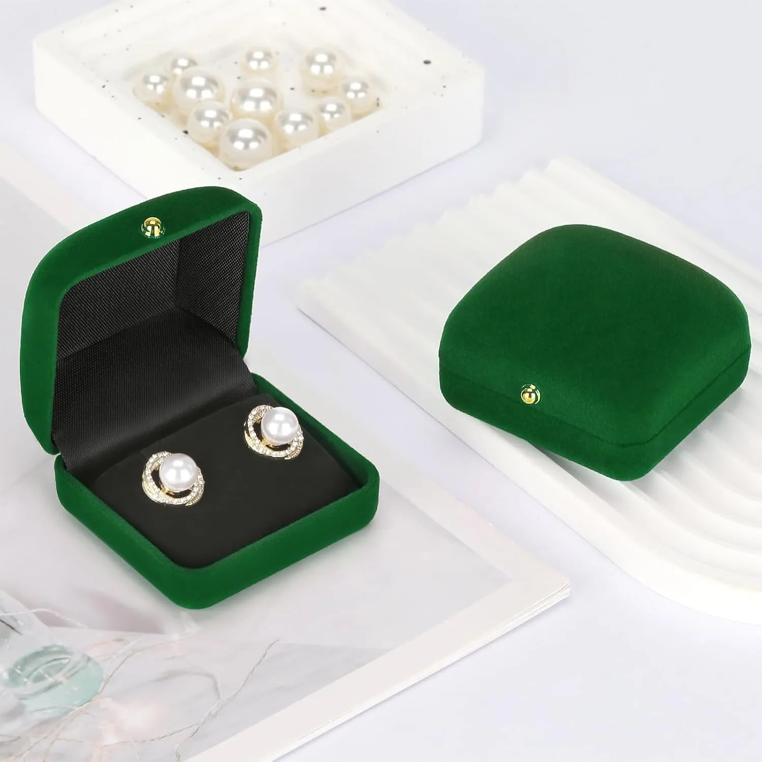 2 Pieces Velvet Earring Stud Gift Box, Jewelry Holder Display Case for Earring stud cufflinks, Earring Organizer Storage Box for Women Girl (Green)
