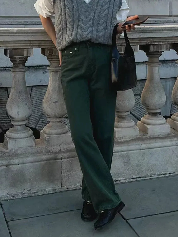 ADVBRIDGE  Vintage Winter New Flocking Dark Green High Waist Straight Leg Jeans Women Korean Fashion Plain Denim Trousers with Pocket Pants
