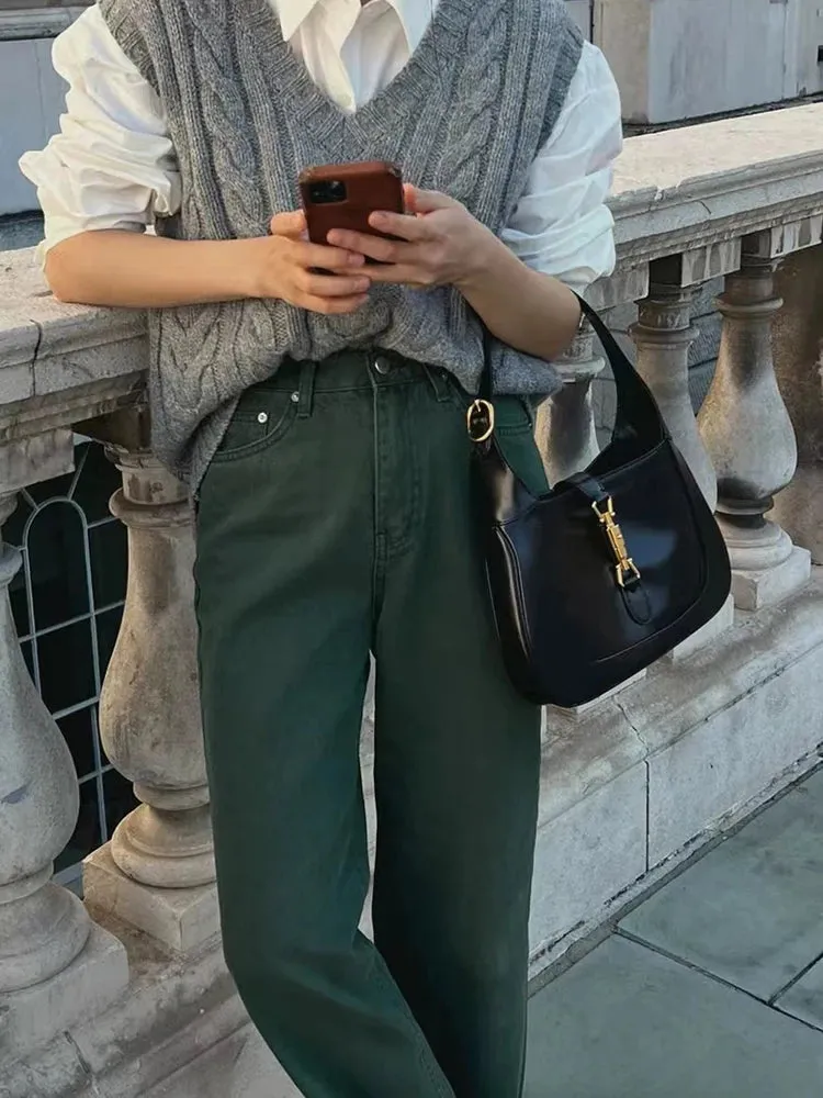 ADVBRIDGE  Vintage Winter New Flocking Dark Green High Waist Straight Leg Jeans Women Korean Fashion Plain Denim Trousers with Pocket Pants