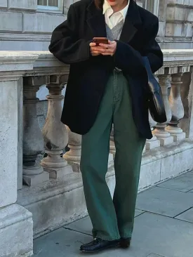 ADVBRIDGE  Vintage Winter New Flocking Dark Green High Waist Straight Leg Jeans Women Korean Fashion Plain Denim Trousers with Pocket Pants