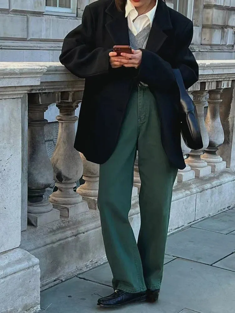 ADVBRIDGE  Vintage Winter New Flocking Dark Green High Waist Straight Leg Jeans Women Korean Fashion Plain Denim Trousers with Pocket Pants