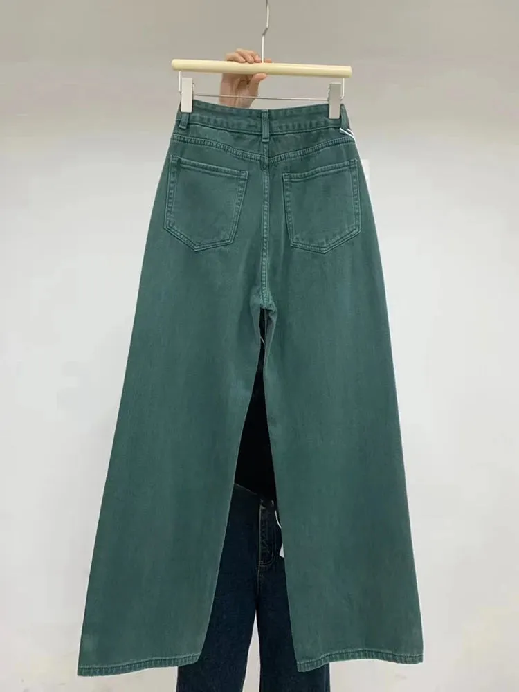 ADVBRIDGE  Vintage Winter New Flocking Dark Green High Waist Straight Leg Jeans Women Korean Fashion Plain Denim Trousers with Pocket Pants