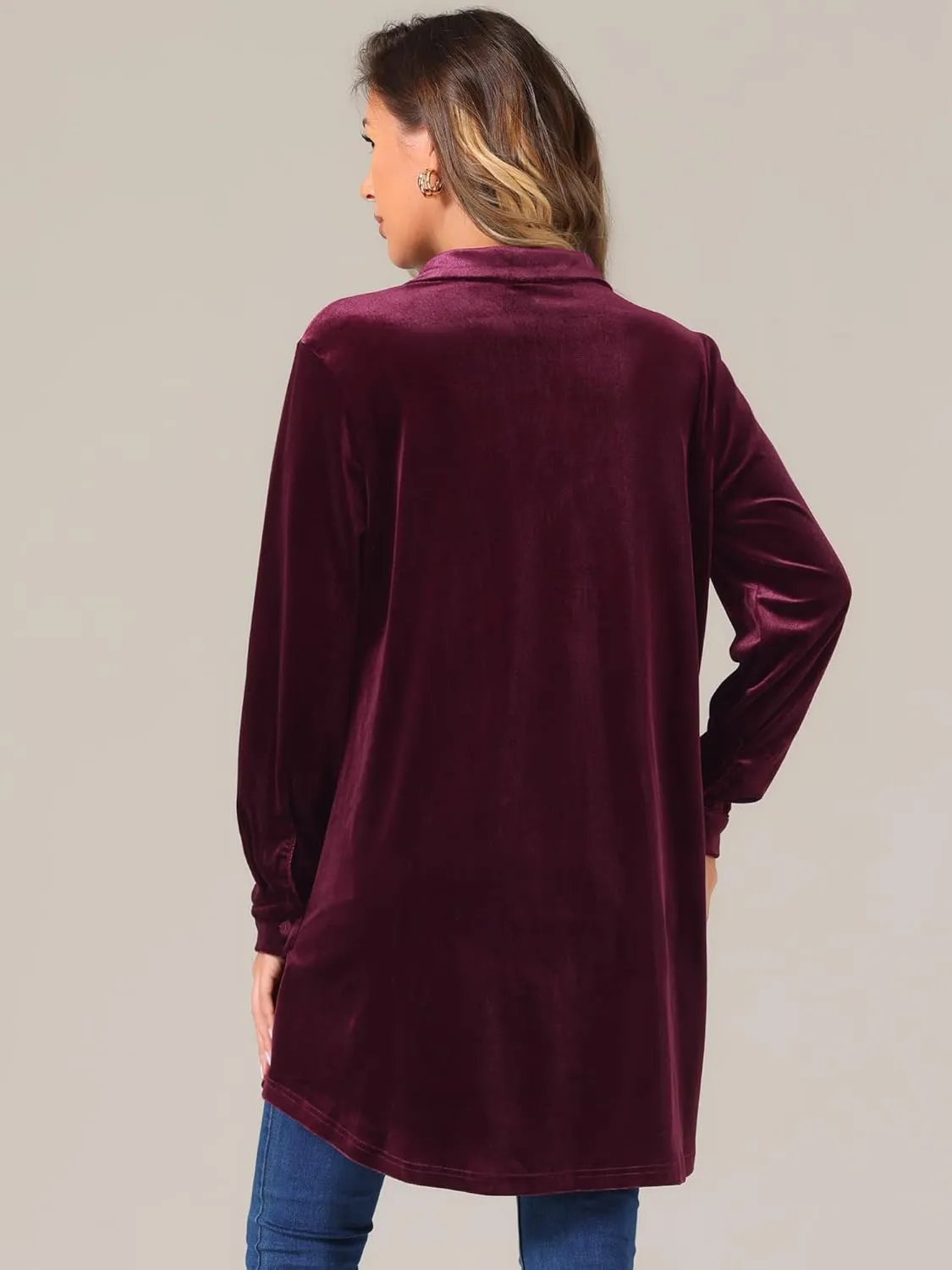 Allegra K Women's Velvet Button Down T Shirts Swing Mini Shirt Dress Casual Long Sleeve Lapel Tunic Tops