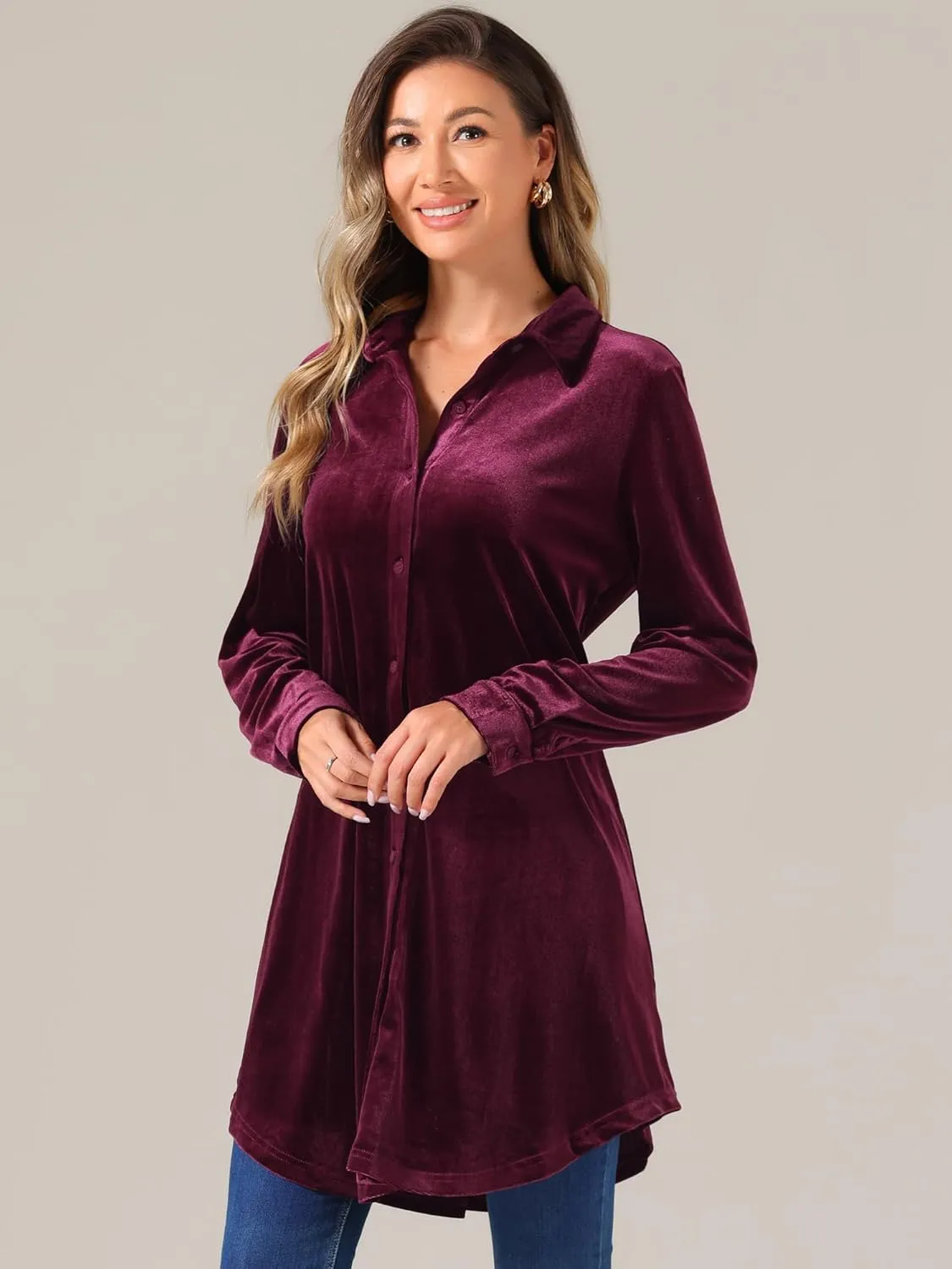 Allegra K Women's Velvet Button Down T Shirts Swing Mini Shirt Dress Casual Long Sleeve Lapel Tunic Tops