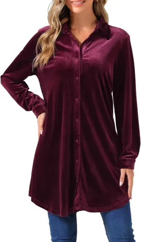 Allegra K Women's Velvet Button Down T Shirts Swing Mini Shirt Dress Casual Long Sleeve Lapel Tunic Tops