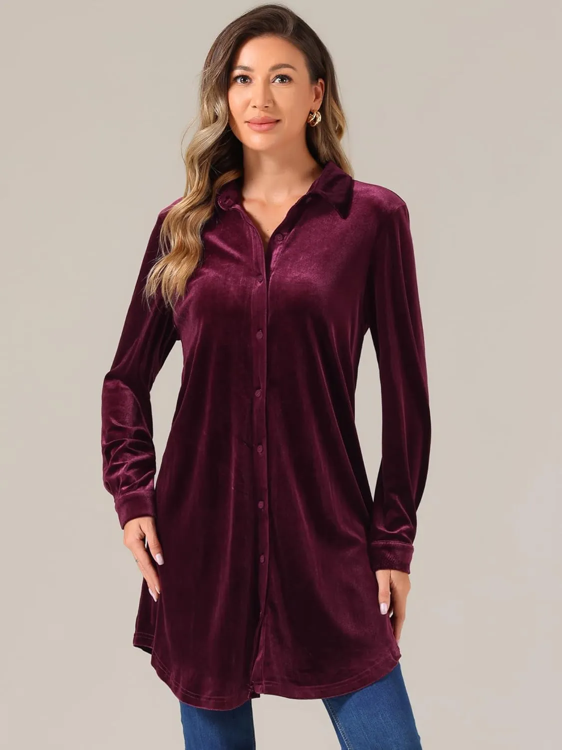 Allegra K Women's Velvet Button Down T Shirts Swing Mini Shirt Dress Casual Long Sleeve Lapel Tunic Tops