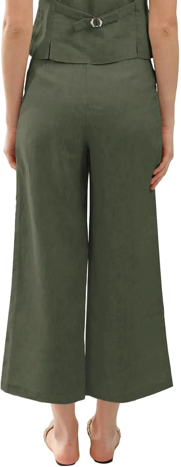 Amazhiyu Women's Linen Ankle Pants Pleated Front Wide Leg Straight Cropped Trouser