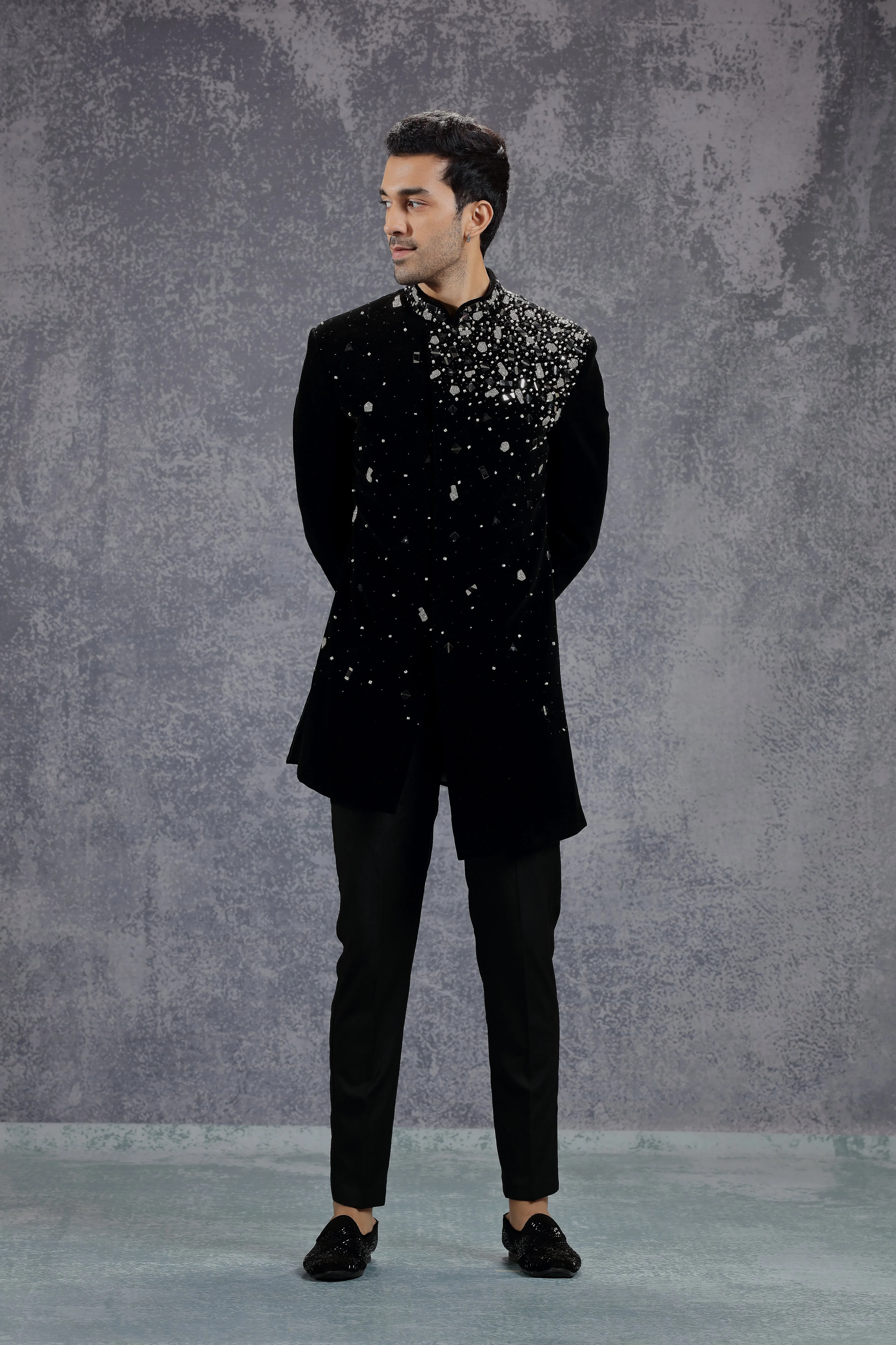 Black Jodhpuri Jacket with Placement Embroidery