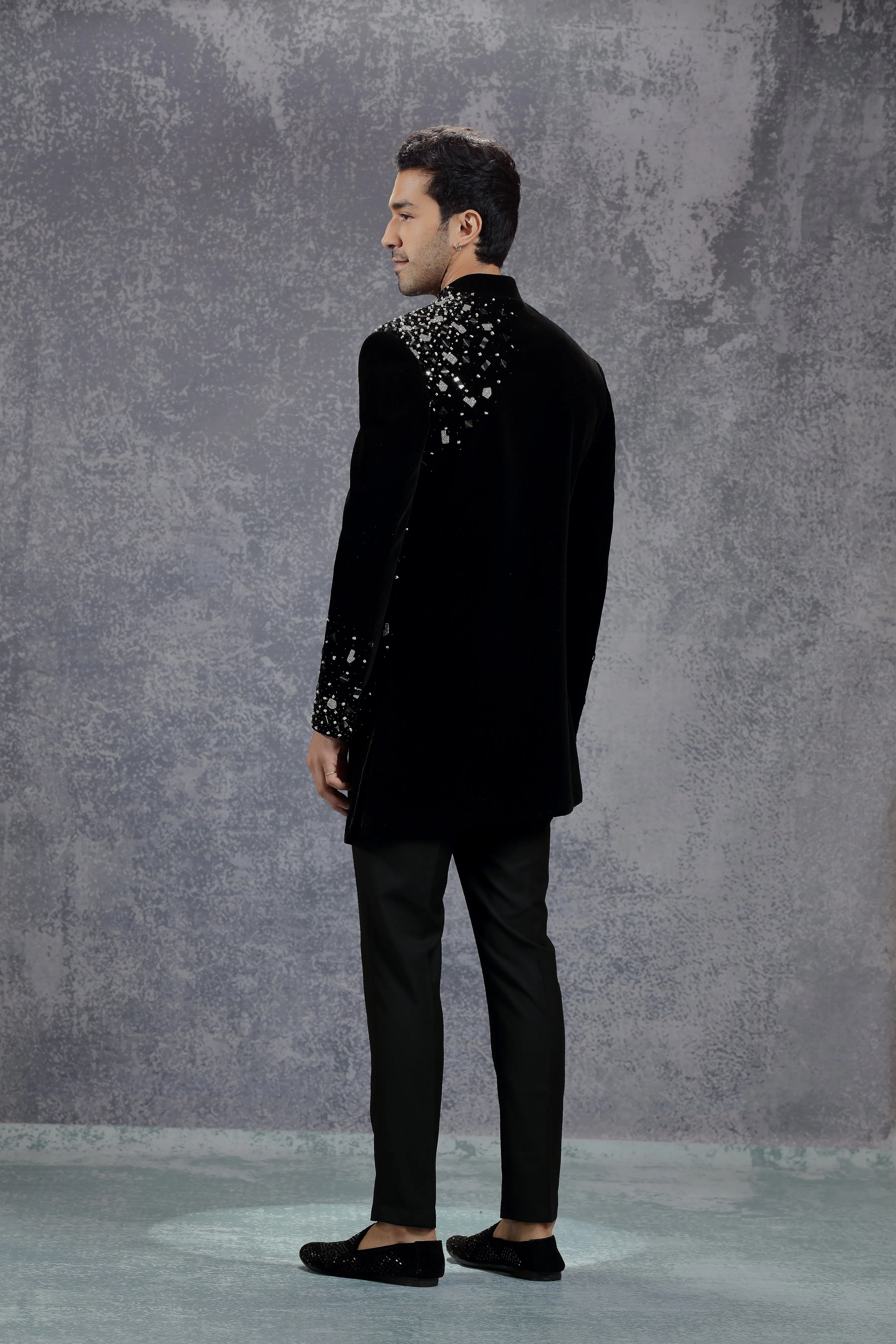 Black Jodhpuri Jacket with Placement Embroidery