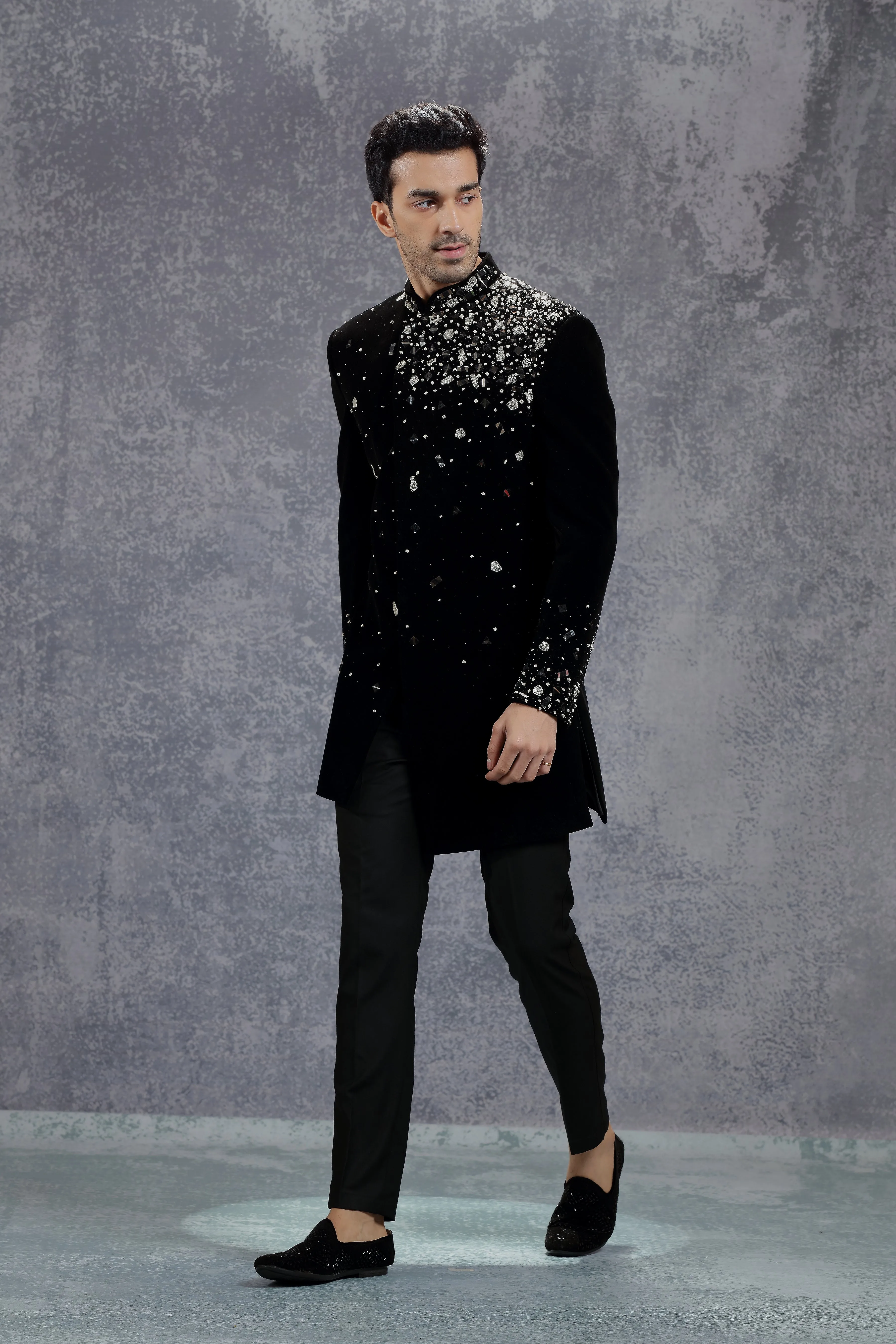 Black Jodhpuri Jacket with Placement Embroidery