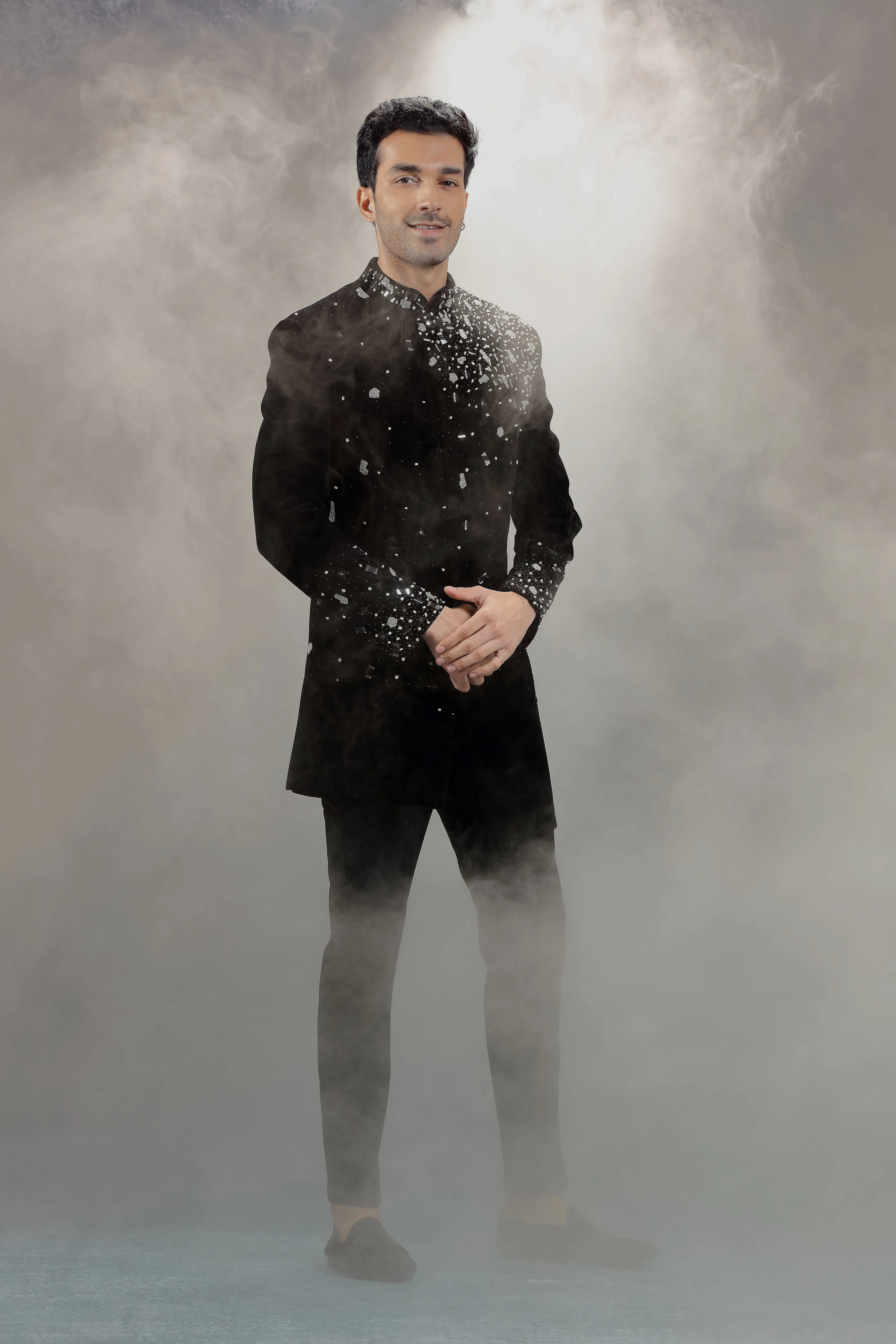 Black Jodhpuri Jacket with Placement Embroidery