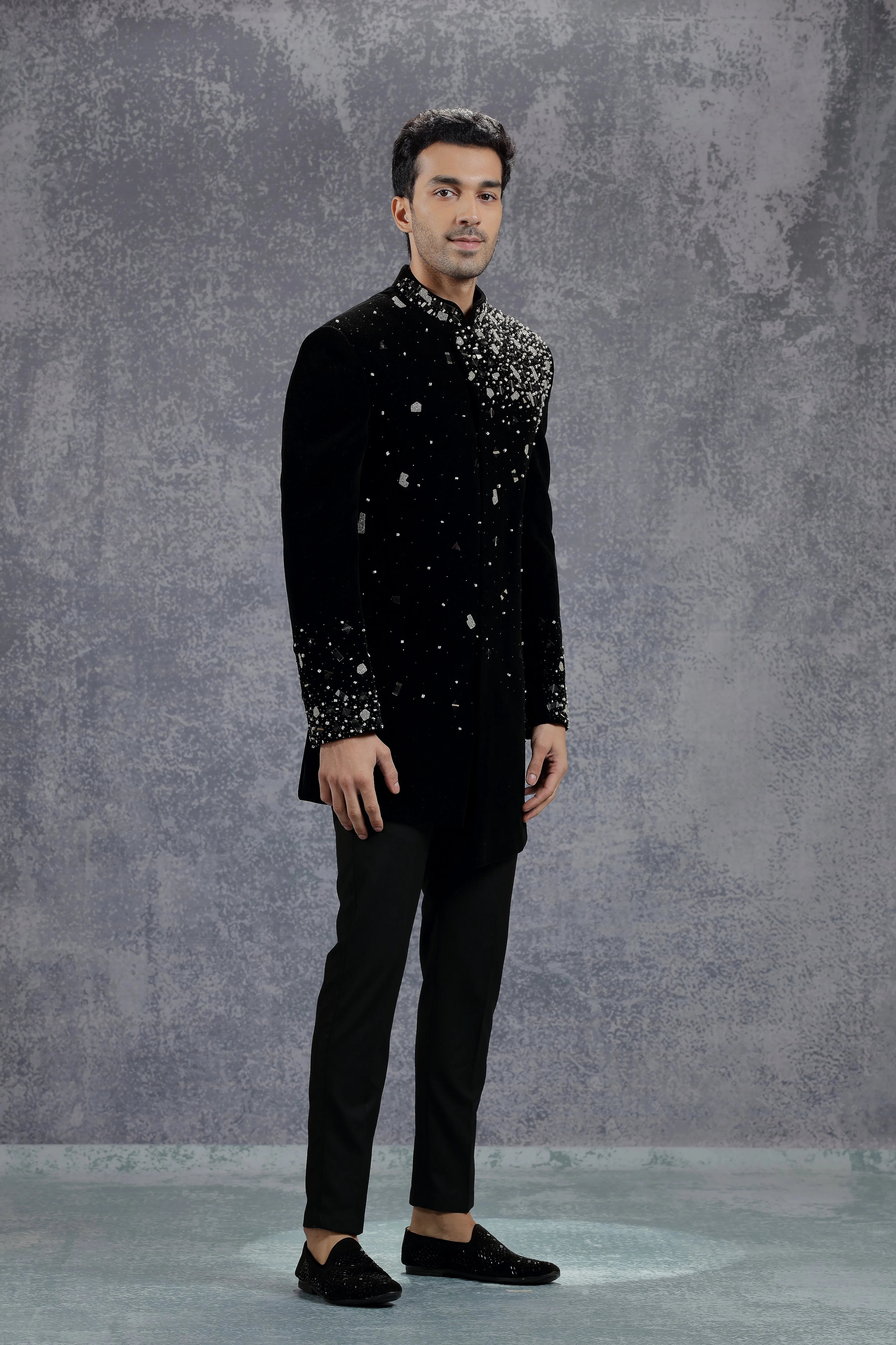 Black Jodhpuri Jacket with Placement Embroidery