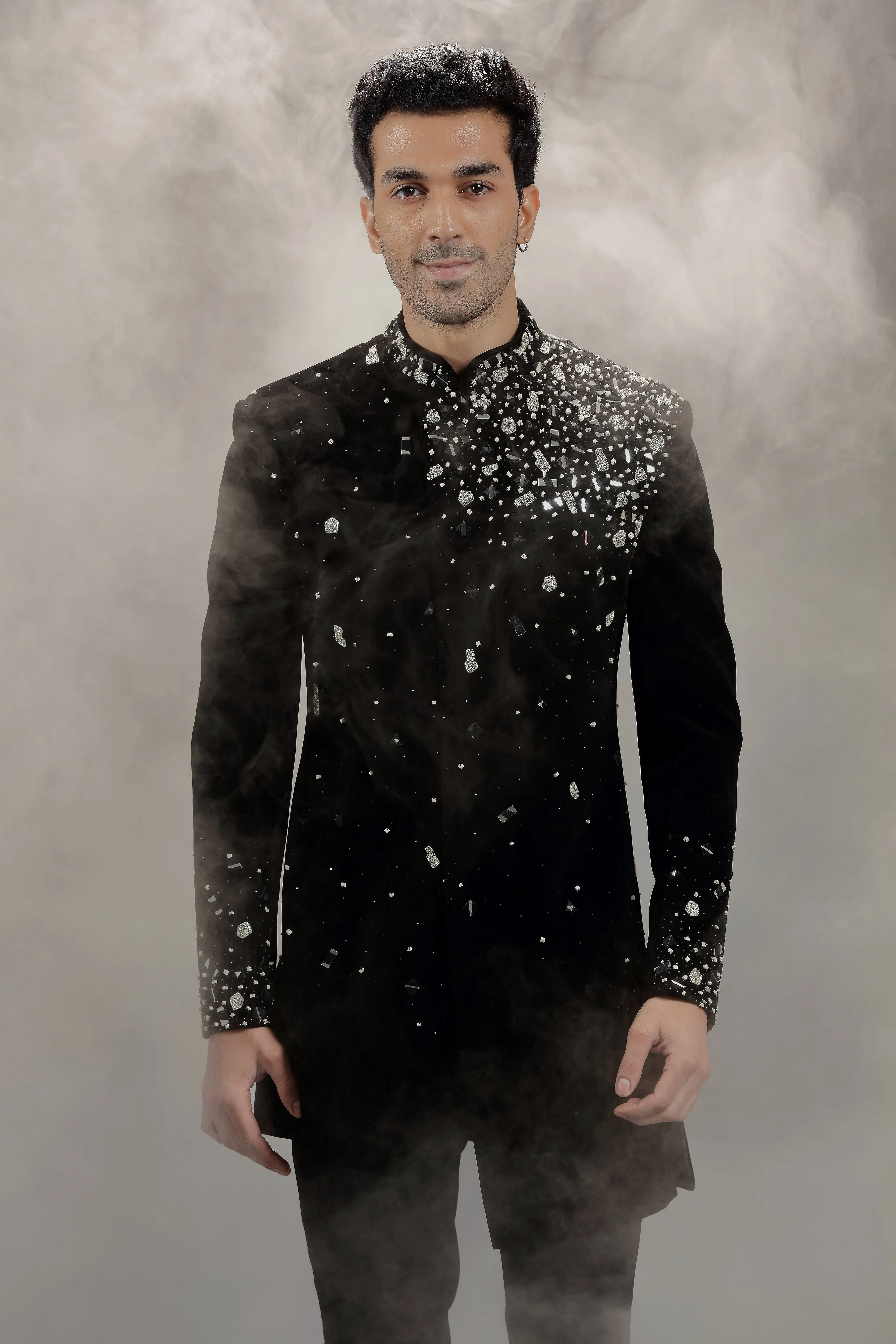 Black Jodhpuri Jacket with Placement Embroidery