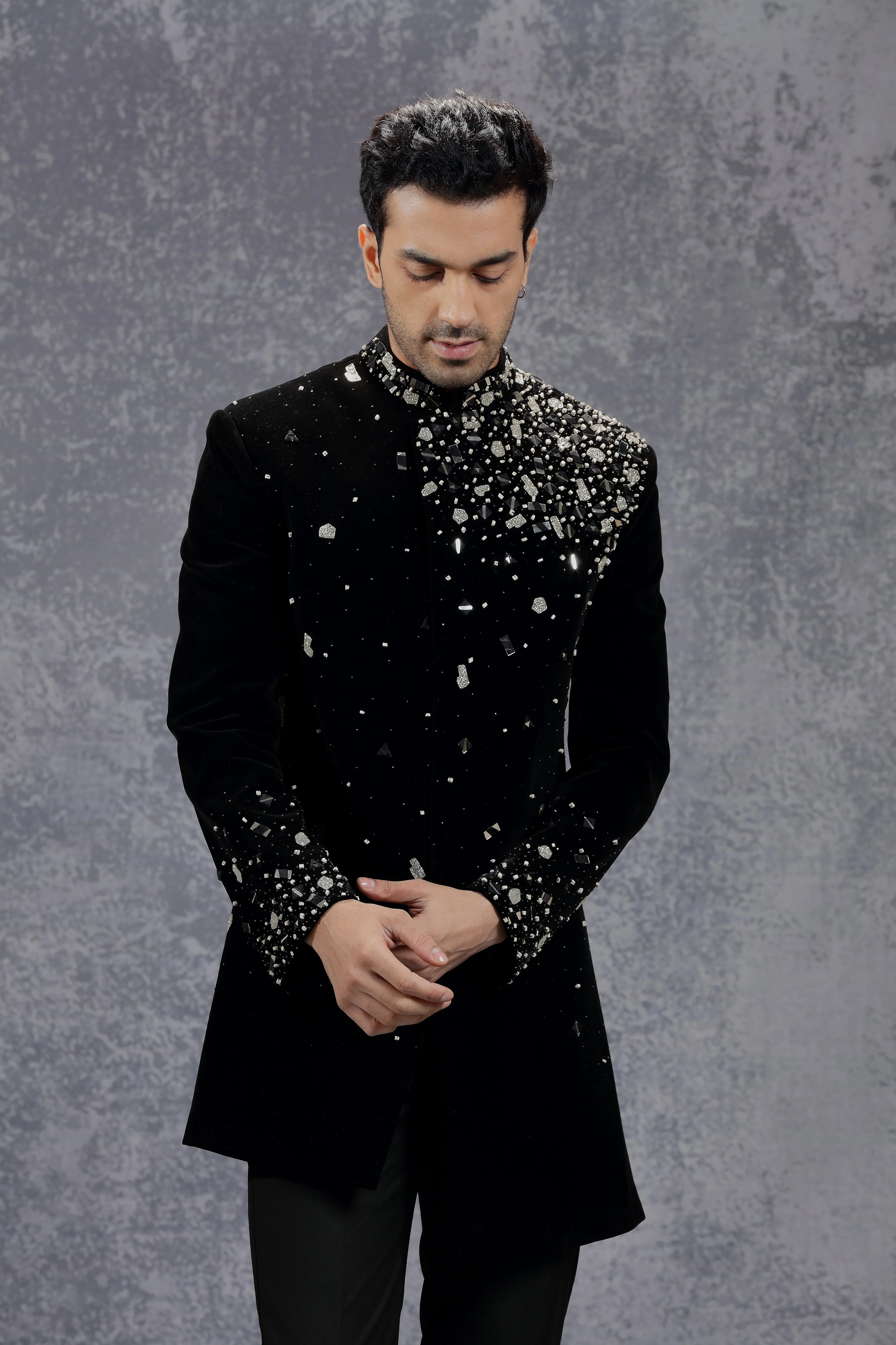 Black Jodhpuri Jacket with Placement Embroidery