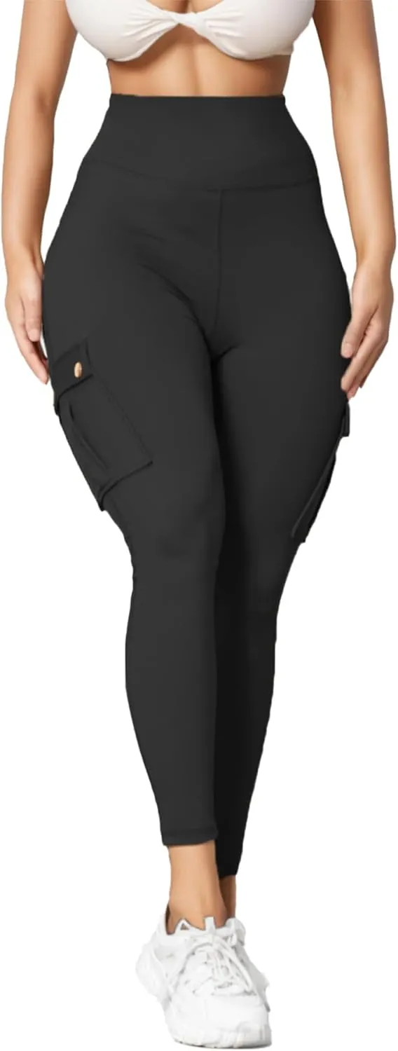 Butt Lifting Leggings with Flap Pockets for Women Stretch Cargo Leggings High Waist Tummy Control Workout Running Pants