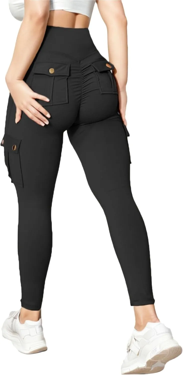 Butt Lifting Leggings with Flap Pockets for Women Stretch Cargo Leggings High Waist Tummy Control Workout Running Pants