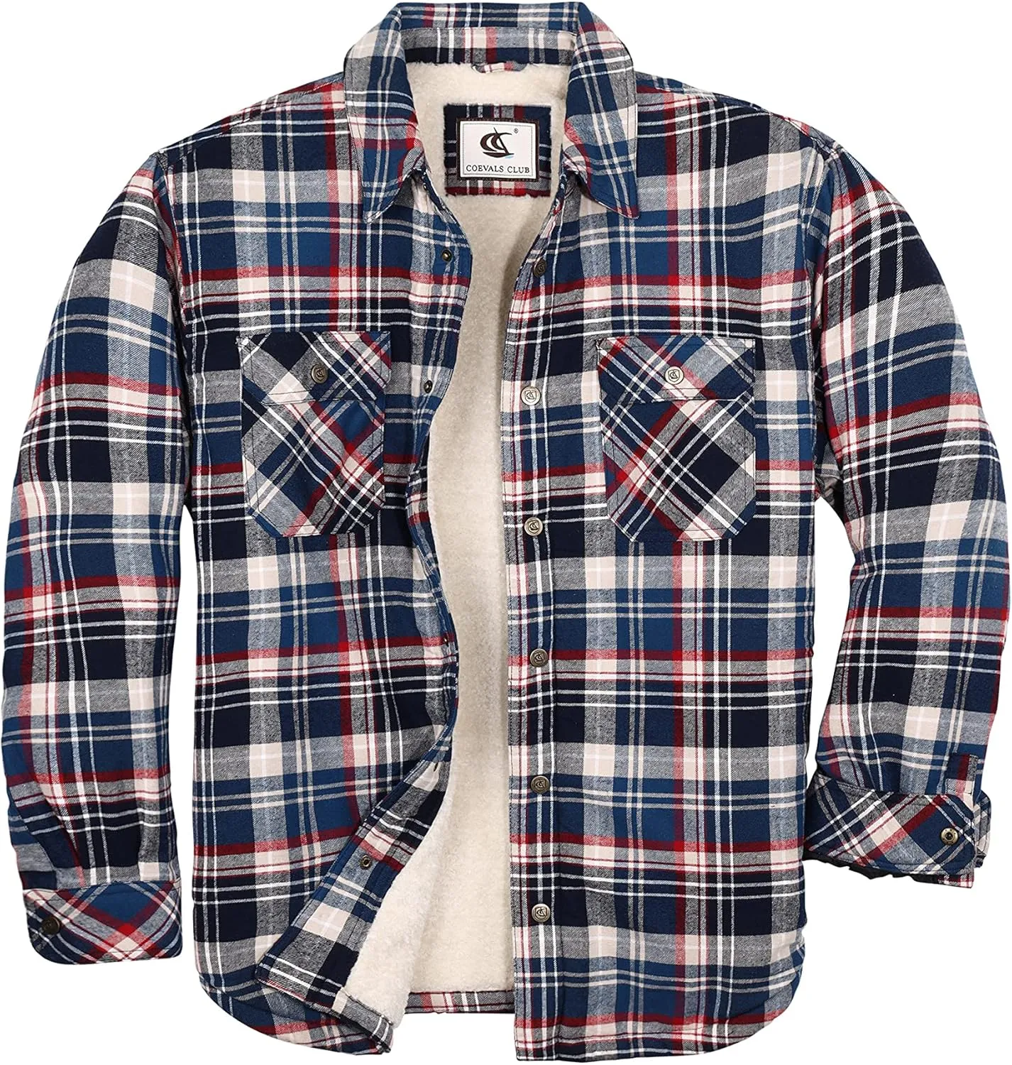 COEVALS CLUB Men's Flannel Jacket Sherpa Lined Quilted Cotton Snap Button Up Long Sleeve Shirts Hooded Coat