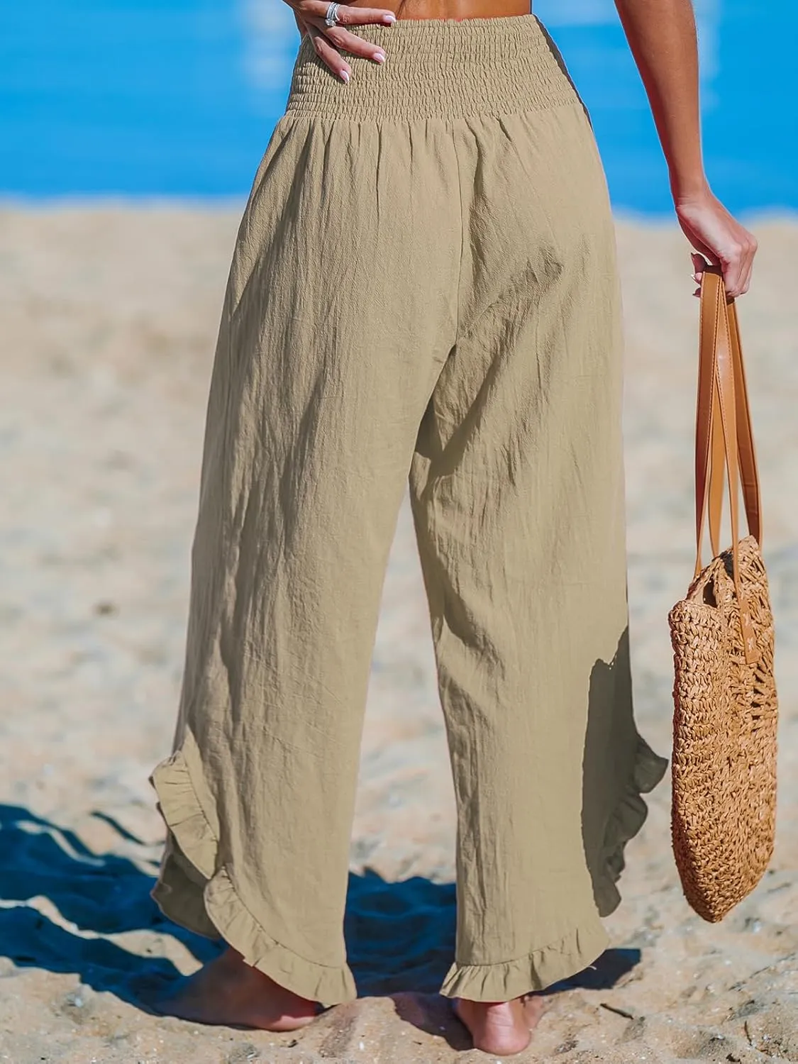 CUPSHE Women Pants Smocked Waist Straight Leg Ruffle Cuffs Loose Fit Pant Casual Beach