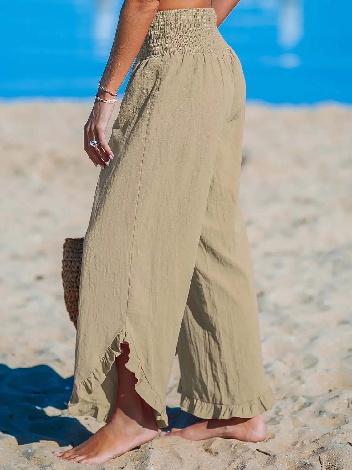CUPSHE Women Pants Smocked Waist Straight Leg Ruffle Cuffs Loose Fit Pant Casual Beach