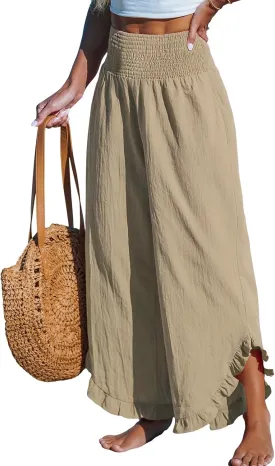 CUPSHE Women Pants Smocked Waist Straight Leg Ruffle Cuffs Loose Fit Pant Casual Beach