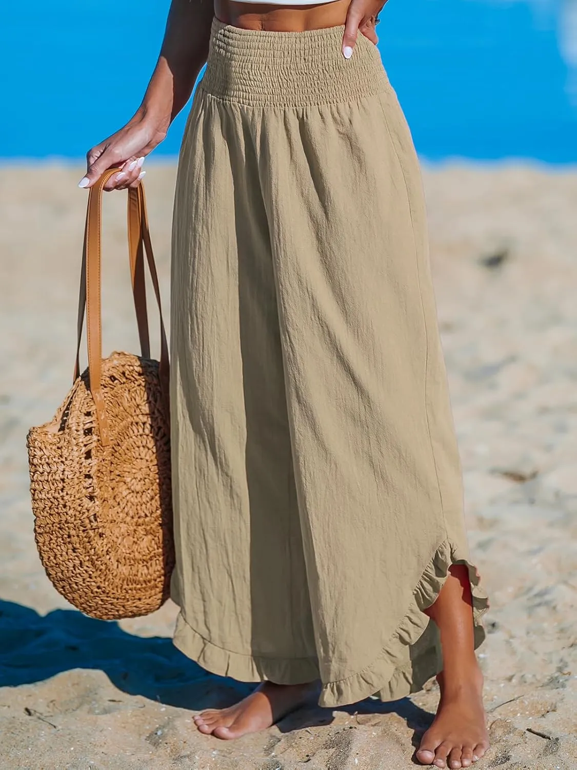 CUPSHE Women Pants Smocked Waist Straight Leg Ruffle Cuffs Loose Fit Pant Casual Beach