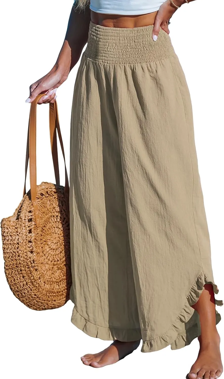 CUPSHE Women Pants Smocked Waist Straight Leg Ruffle Cuffs Loose Fit Pant Casual Beach