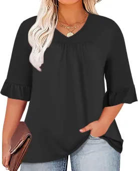 DOLNINE Plus-Size-Tops for Women Flowy Pleating V Neck Shirts Cute Ruffle 3/4 Length Sleeve Tunics Dressy Casual Blouses