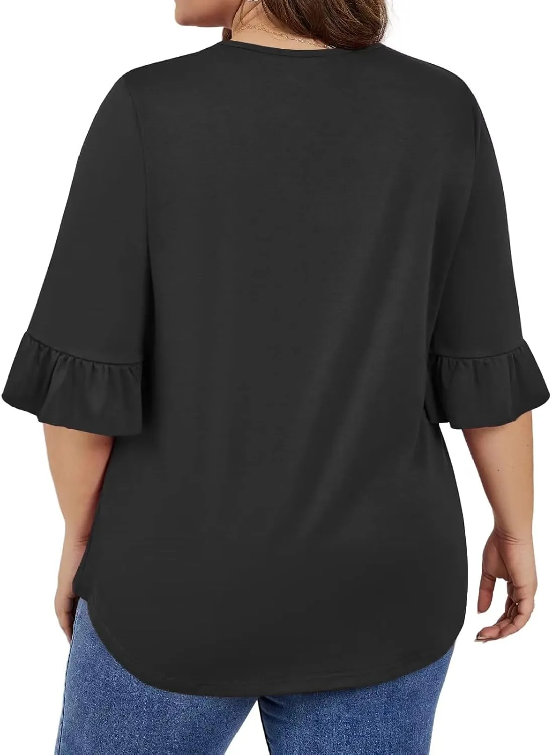 DOLNINE Plus-Size-Tops for Women Flowy Pleating V Neck Shirts Cute Ruffle 3/4 Length Sleeve Tunics Dressy Casual Blouses