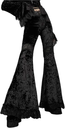 FEOYA Gothic Black Lace Flare Pants for Women Elastic Waist Victorian Bell Bottoms Mesh Punk Disco Pant
