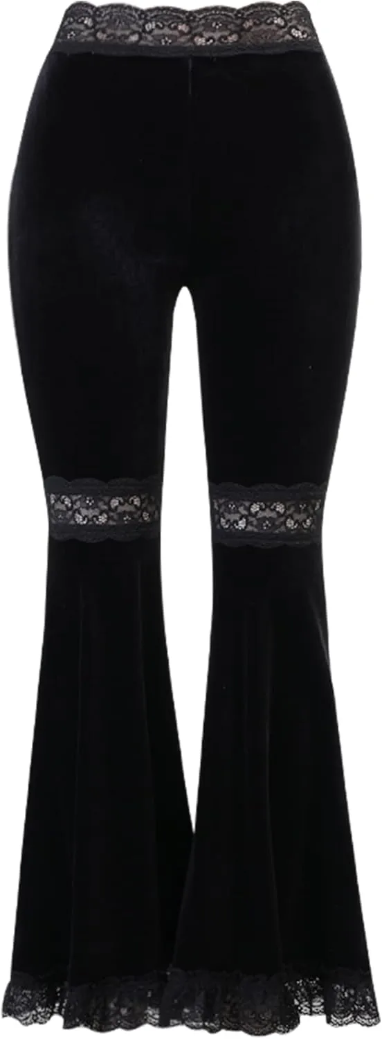 FEOYA Gothic Black Lace Flare Pants for Women Elastic Waist Victorian Bell Bottoms Mesh Punk Disco Pant