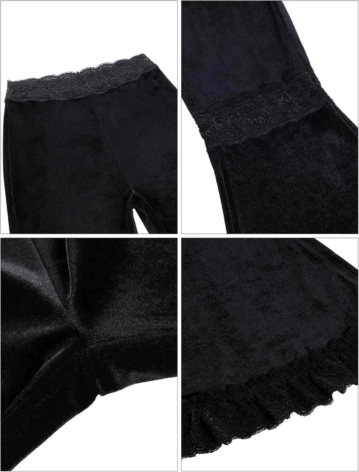 FEOYA Gothic Black Lace Flare Pants for Women Elastic Waist Victorian Bell Bottoms Mesh Punk Disco Pant