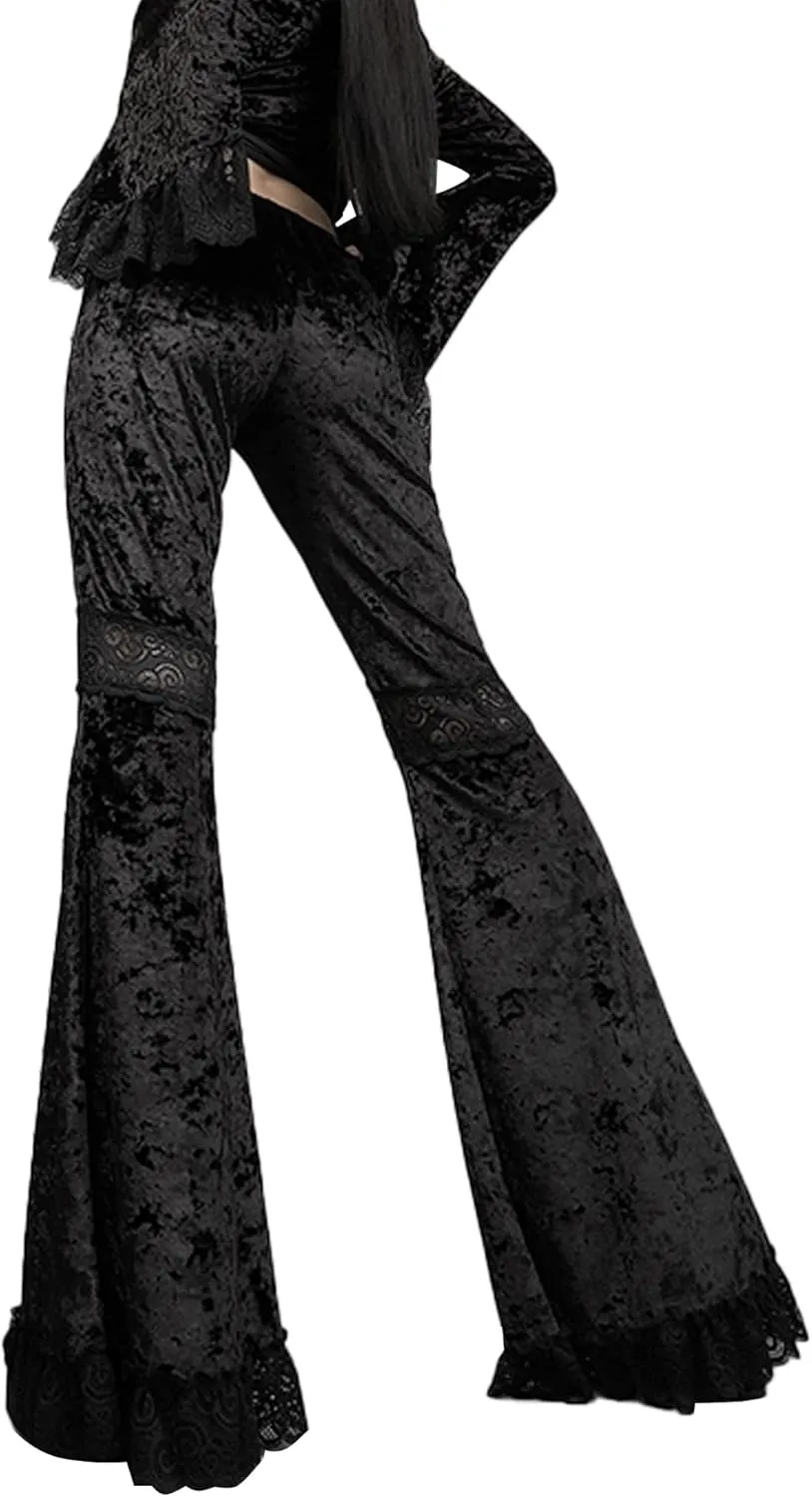 FEOYA Gothic Black Lace Flare Pants for Women Elastic Waist Victorian Bell Bottoms Mesh Punk Disco Pant