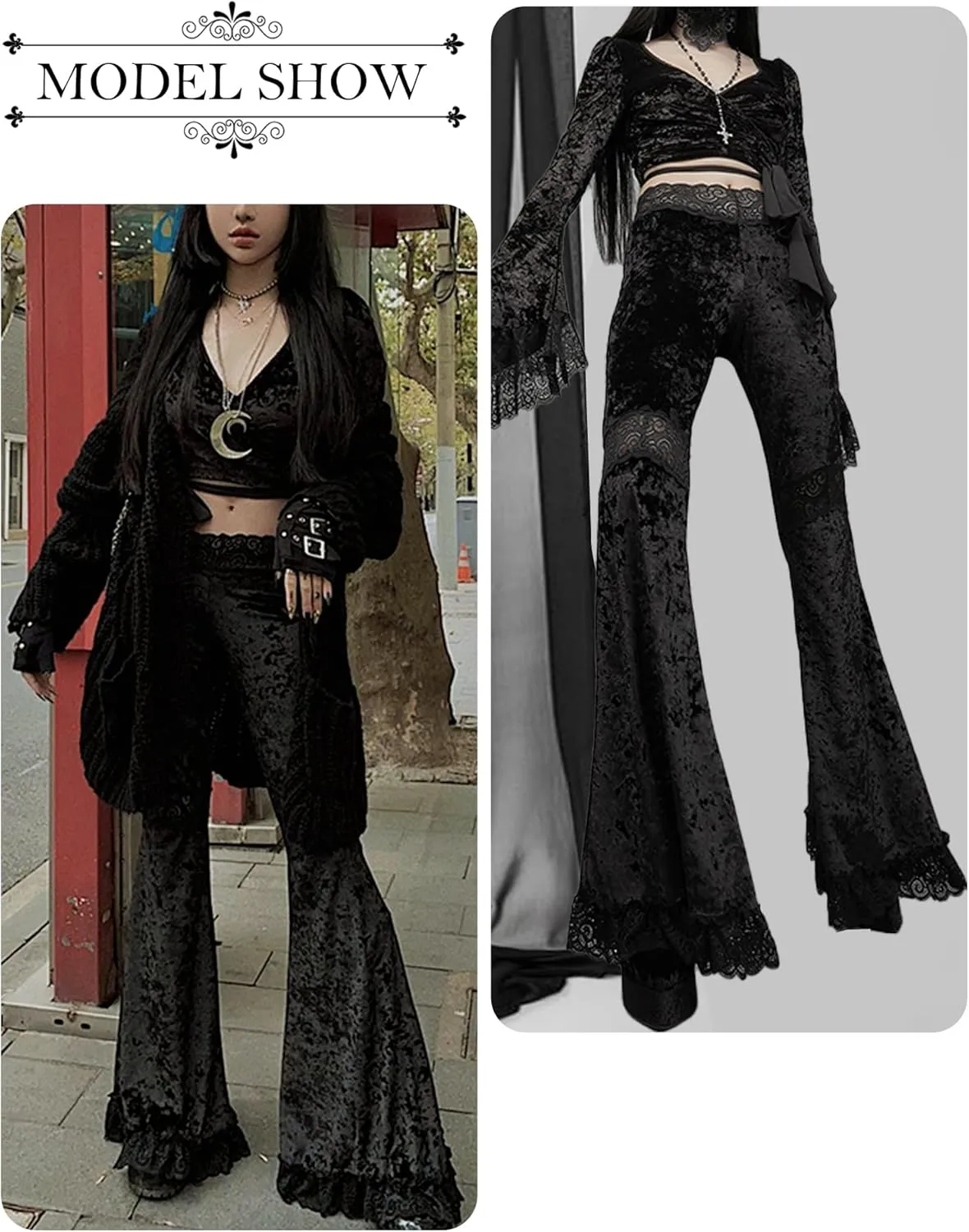 FEOYA Gothic Black Lace Flare Pants for Women Elastic Waist Victorian Bell Bottoms Mesh Punk Disco Pant