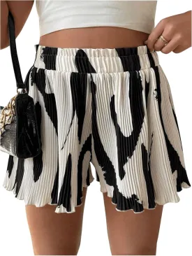 Floerns Women's Lettuce Trim Flowy Shorts Allover Print Elastic High Waist Wide Leg Shorts