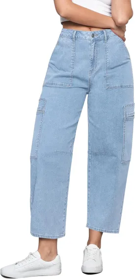 GRAPENT Barrel Jeans for Women Trendy High Waisted Cropped Cargo Pocket Baggy Stretch Denim Pants Wide Leg Tapered Jeans