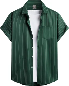 Hardaddy Men's Casual Striped Shirts Button Down Short Sleeve Blouse Summer Hawaiian Shirt