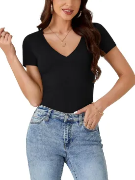 LYANER Women's V Neck Short Sleeve Casual Ribbed Bodycon Fit Basic Tee Tops Shirts