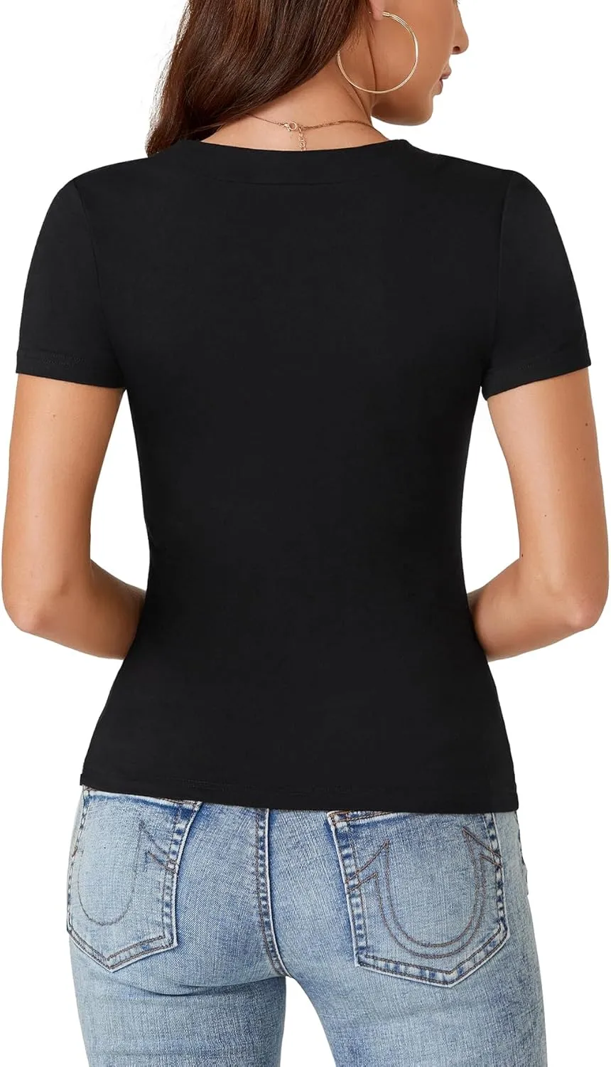 LYANER Women's V Neck Short Sleeve Casual Ribbed Bodycon Fit Basic Tee Tops Shirts