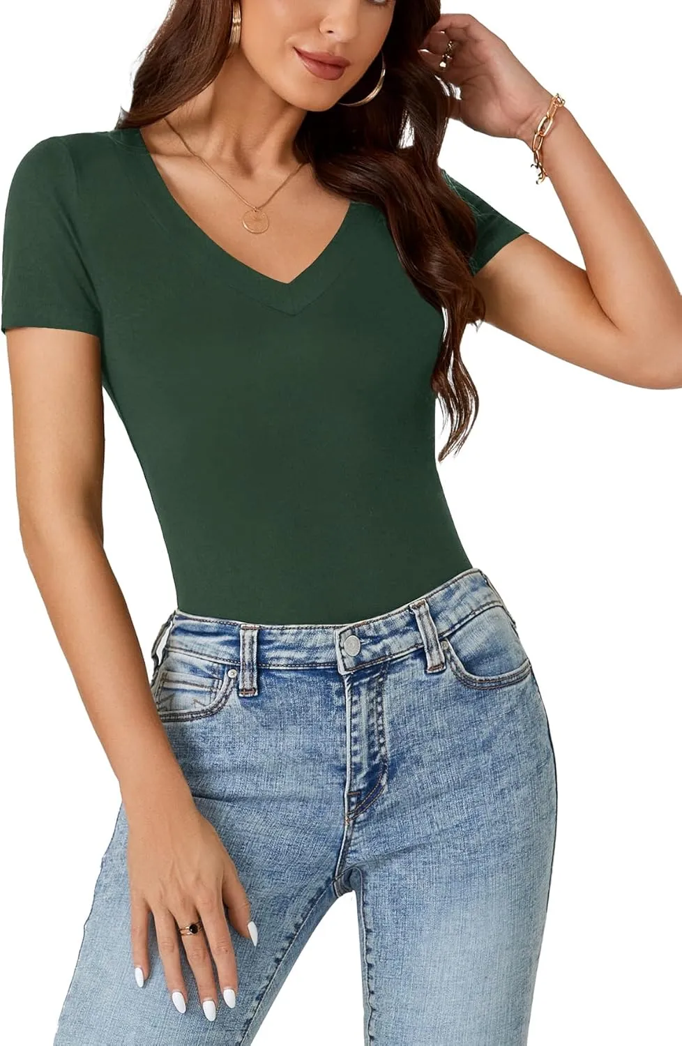 LYANER Women's V Neck Short Sleeve Casual Ribbed Bodycon Fit Basic Tee Tops Shirts