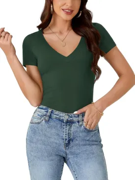 LYANER Women's V Neck Short Sleeve Casual Ribbed Bodycon Fit Basic Tee Tops Shirts