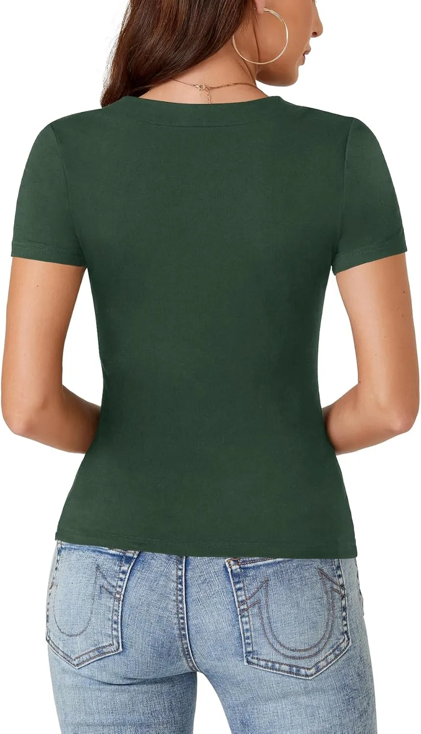 LYANER Women's V Neck Short Sleeve Casual Ribbed Bodycon Fit Basic Tee Tops Shirts