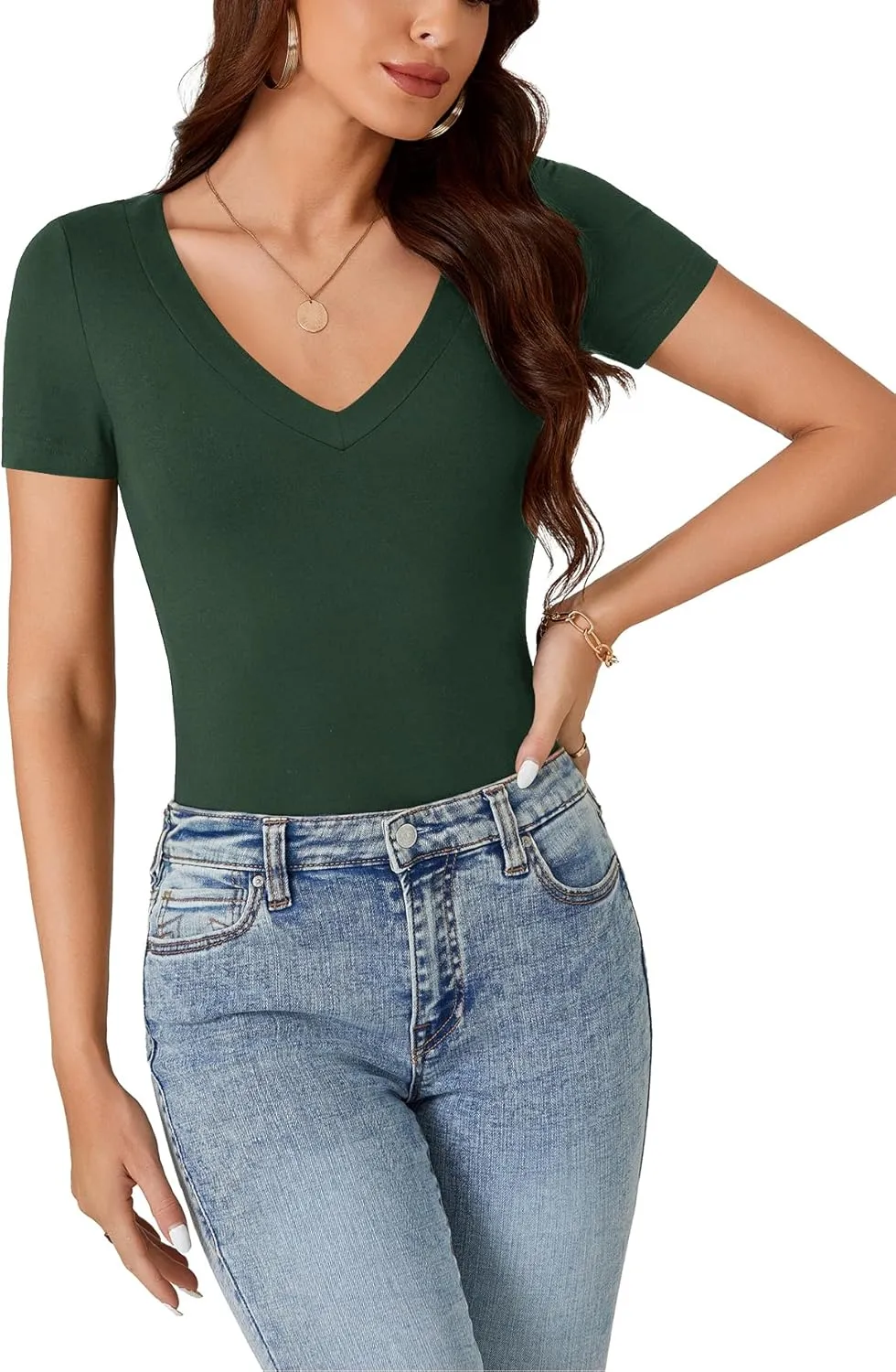 LYANER Women's V Neck Short Sleeve Casual Ribbed Bodycon Fit Basic Tee Tops Shirts