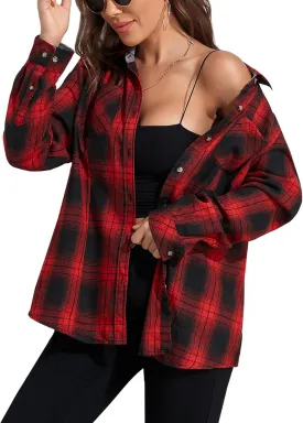 MARZXIN Plaid Flannel Shirt for Women Oversized Long Sleeve Button Down Shirts Casual Loose Blouse Tops