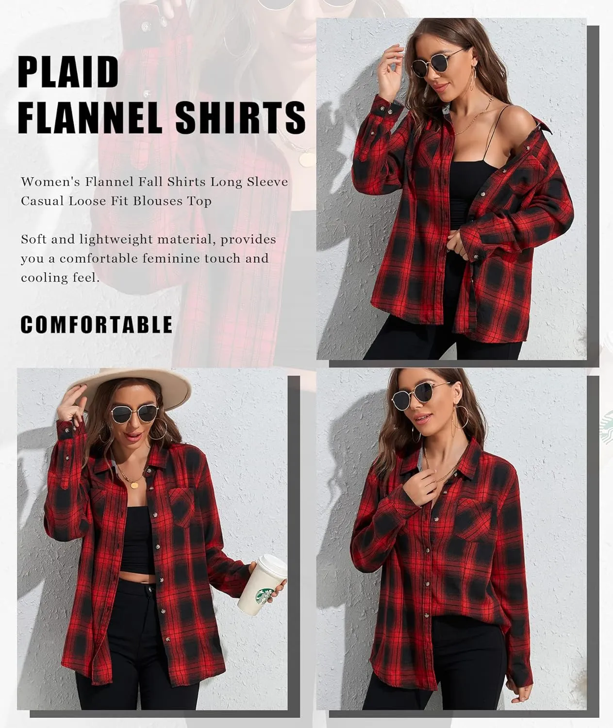 MARZXIN Plaid Flannel Shirt for Women Oversized Long Sleeve Button Down Shirts Casual Loose Blouse Tops