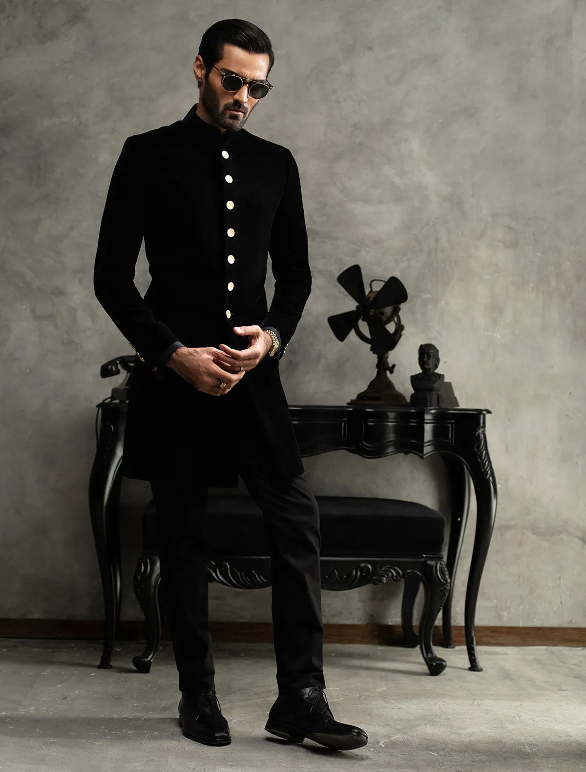 MATT BLACK SHORT LENGTH VELVET SHERWANI