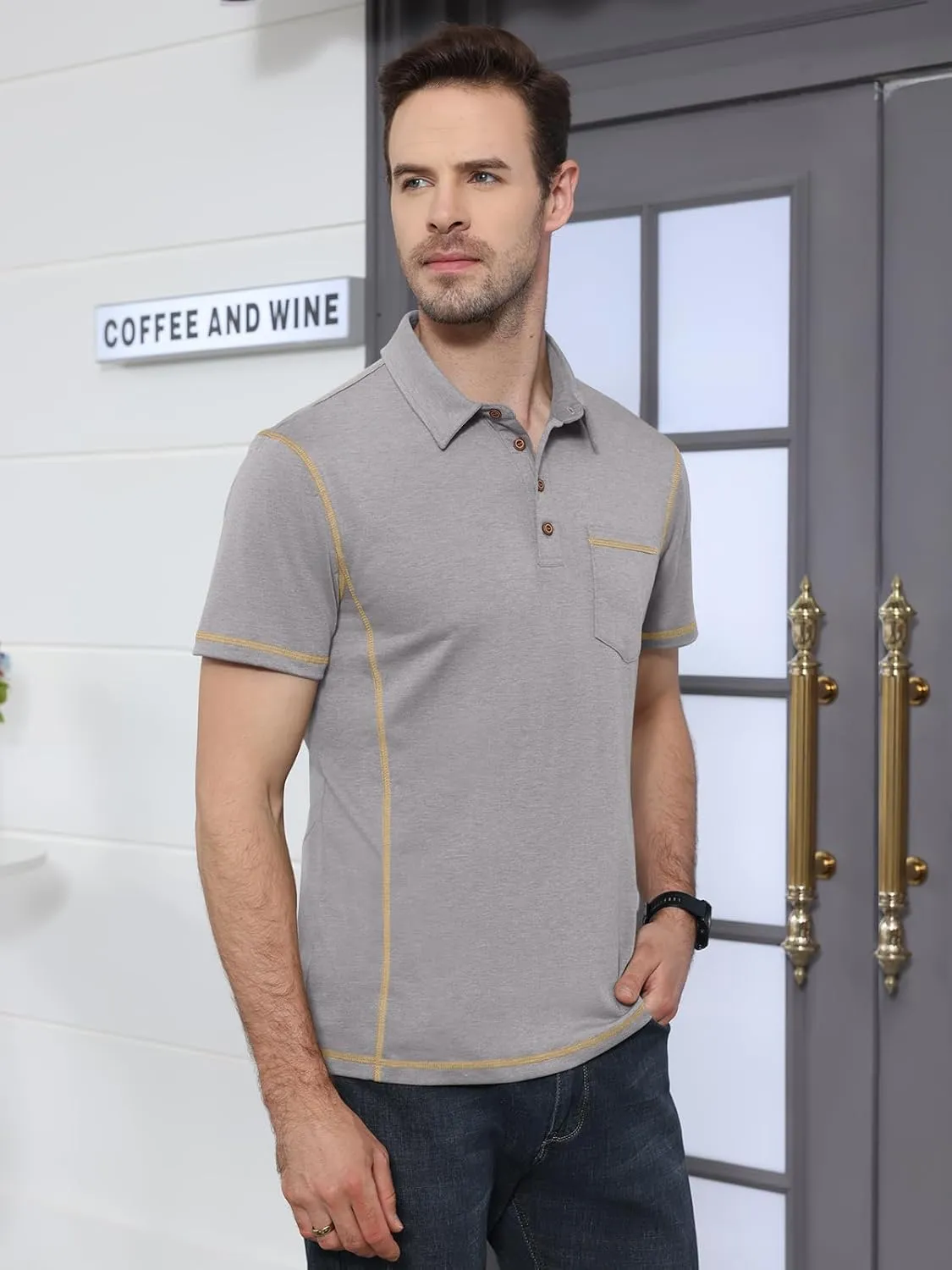 Men's Casual Polo Shirts Classic Short Sleeve Button Tees Basic Golf Shirt Cotton Top with Pocket