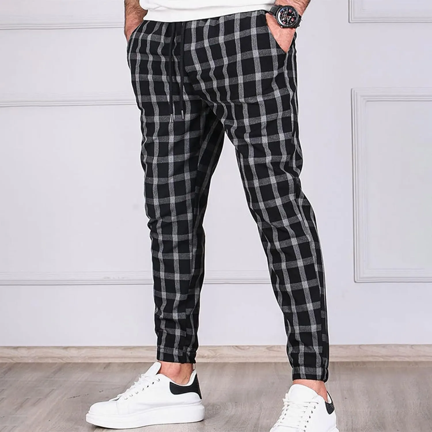 Men's Slim Fit Stretch Plaid Pants Flannel Jogger Pajama Lounge Pant Skinny Track Trousers with Pockets