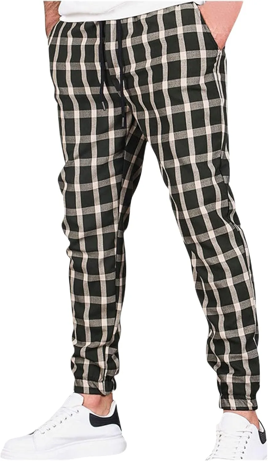 Men's Slim Fit Stretch Plaid Pants Flannel Jogger Pajama Lounge Pant Skinny Track Trousers with Pockets