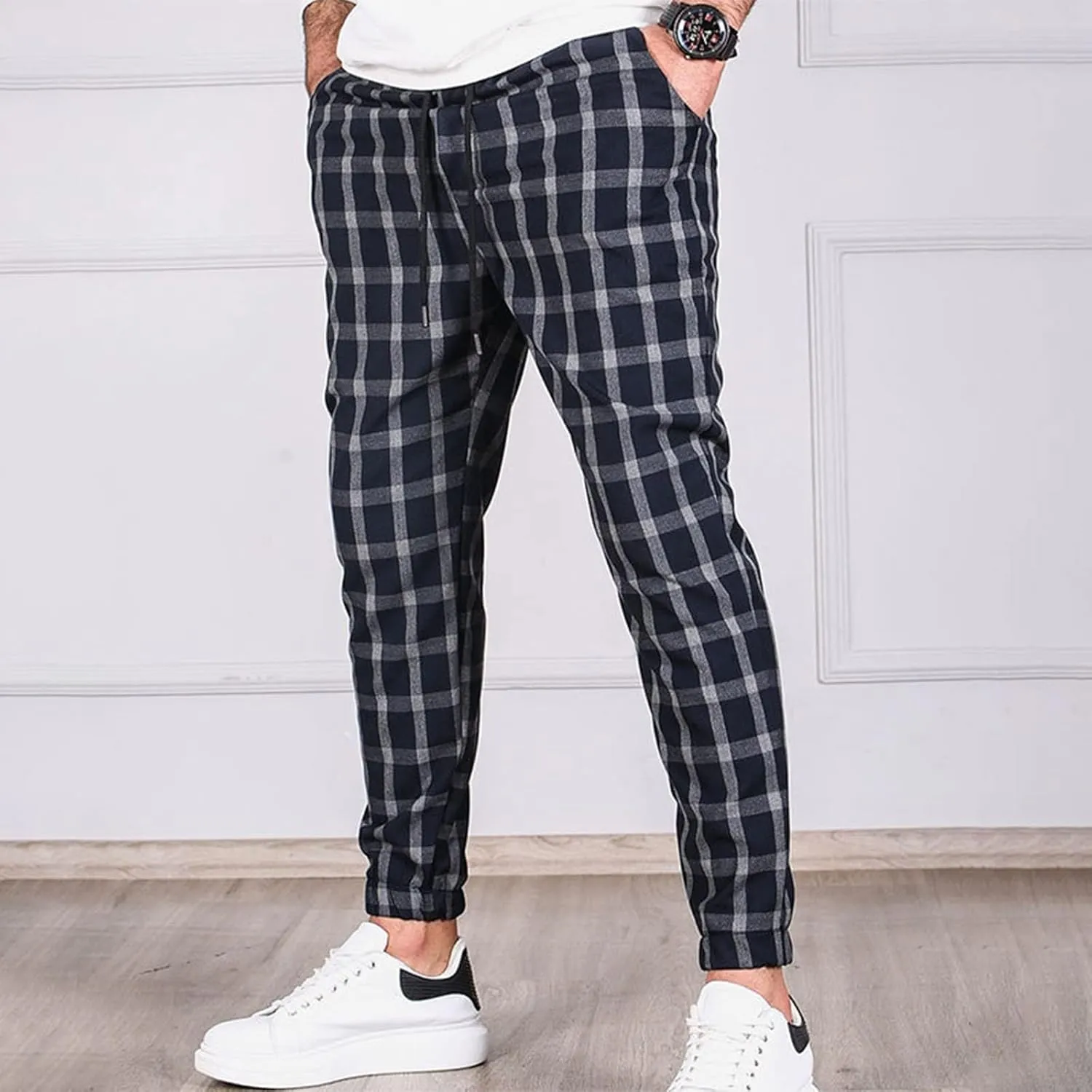 Men's Slim Fit Stretch Plaid Pants Flannel Jogger Pajama Lounge Pant Skinny Track Trousers with Pockets