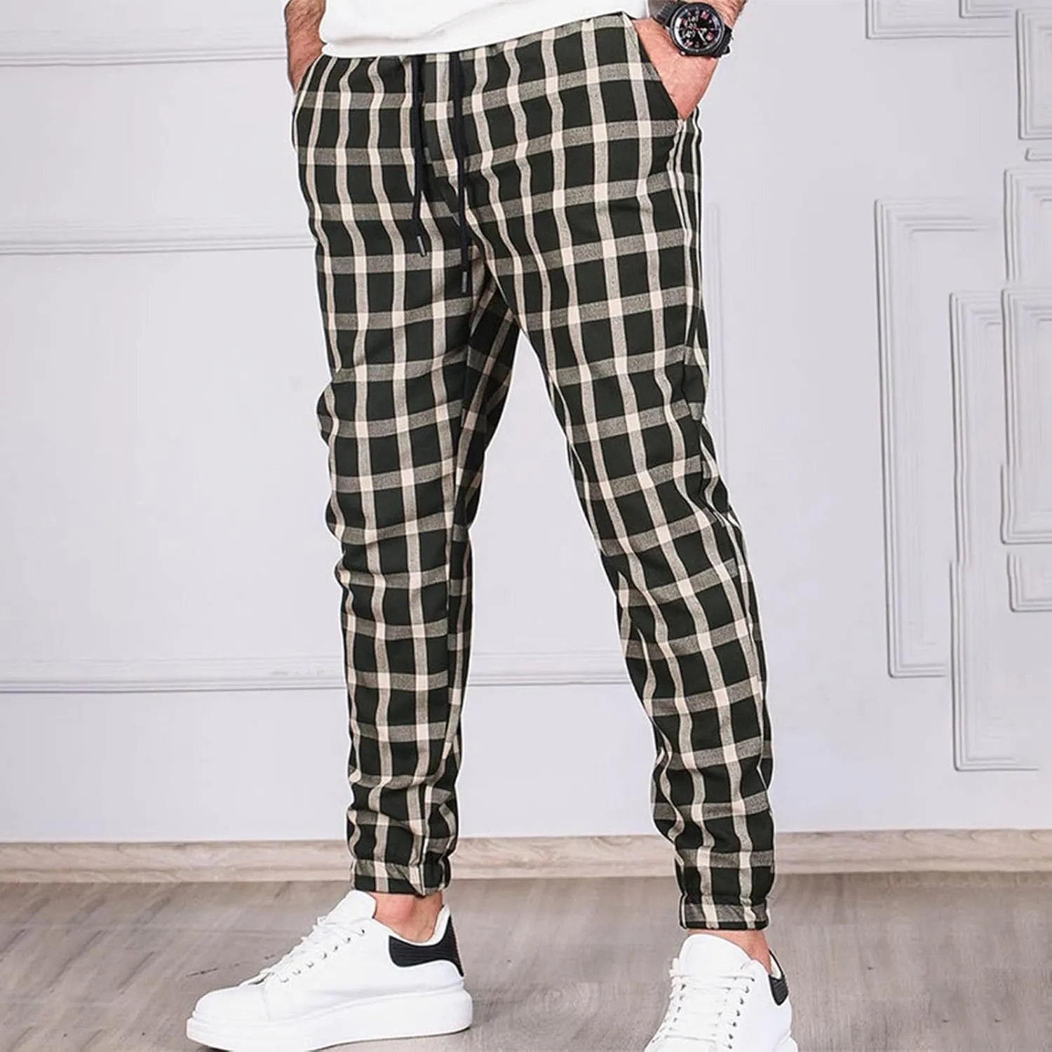 Men's Slim Fit Stretch Plaid Pants Flannel Jogger Pajama Lounge Pant Skinny Track Trousers with Pockets